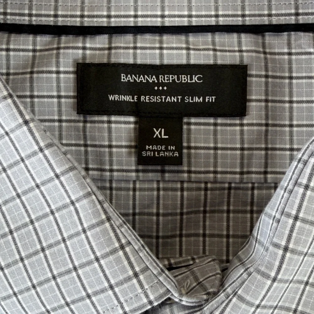 Banana Republic‎ Mens XL Wrinkle Resistant Slim Fit Dress Shirt Grey Plaid Grid